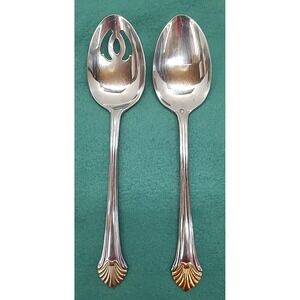 Reed and Barton 18 8 Golden Seafare Serving Spoon and Pierced Serving Spoon 2 pc